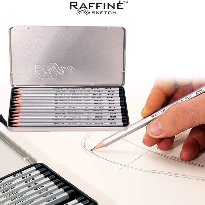 Raffine Artist Graphite Pencils Set for Drawing, Sketching, Writing, Tin Gift Box, 12 Degree Set -2H, H, F, HB, B, 2B, 3B, 4B, 5B, 6B, 7B, and 8B (12 pc)