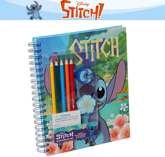 Disney Stitch Sketchbook for Kids with Colored Pencils, Pencil Sharpener, Eraser, Spiral Bound, Blue