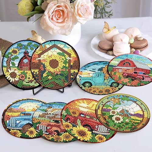 8 Pcs Fall Diamond Art Coasters Kits for Adults Diamond Coasters 4x4in