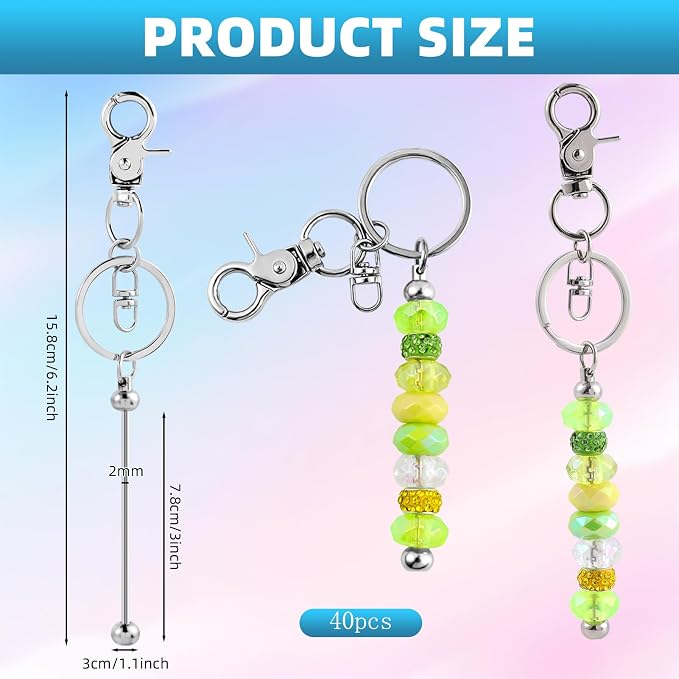 40 Pcs Beadable Keychains Bulk Kit – DIY Keychain Making Supplies with Metal Blanks for Crafts, Jewelry, Charms, Custom Projects – Blank Chain Bars for Beaded Keychain Design (Silver)