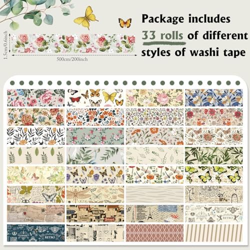 TaoBary 33 Rolls Washi Tape Set, 15mm Holiday Seasonal,Vintage Style