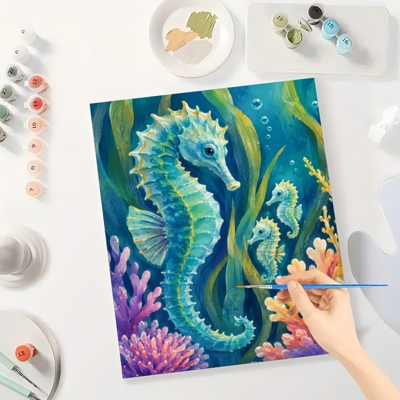 Ocean Animals Digital Painting Kit for Adults - DIY Seahorse Family Coral Reef Oil Painting on Canvas 12X16IN framed, Acrylic Paint Kit, Good for Beginners, Coastal Home Decor or Gift Artwork