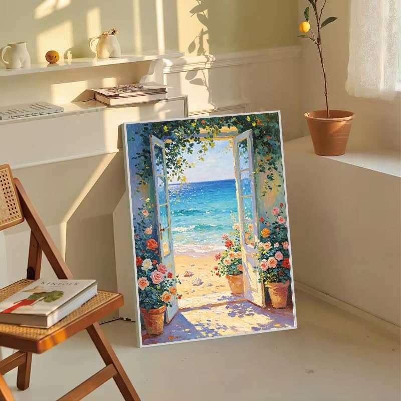 Beach and Flower Diamond Art Kits for Adults, Diamond Painting Kit Adults for Beginners, Round 5D DIY Dimond art,Full Drill Painting Kit Art and Crafts for Adults Home Wall Decor【11.8x15.7inch】