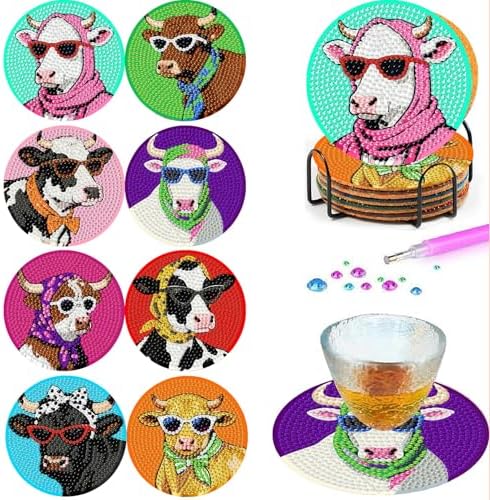 8 Pcs Cow Diamond Painting Coasters Kits for Adults,Cow Wearing Glasses Diamond Art Coasters with Non-Slip Cork Pads,DIY Round Drill Rhinestone Drink Coaster Art Craft for Home Decor Gifts 4x4 Inch.
