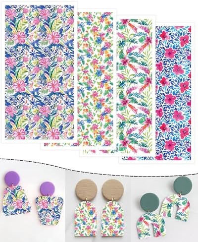Puocaon Flower Clay Transfer Paper - 20 Sheets Tropical Flower Transfer Paper for Polymer Clay Earrings Making, Retro Floral Polymer Clay Jewelry Transfer Sheets
