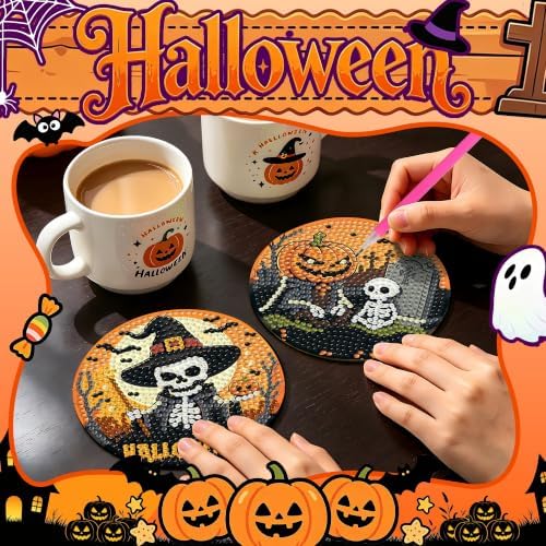 Leatrice 6 PCS Halloween Diamond Art Coasters Small Diamond Painting Kits