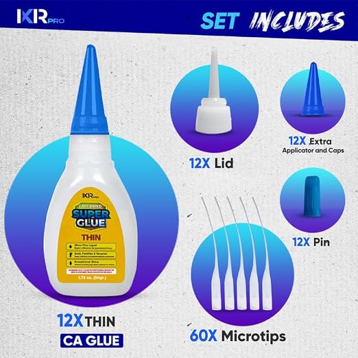 Thin CA Glue, Super Glue, Cyanoacrylate Adhesive, 12 Pcs 1.75oz Repair kit