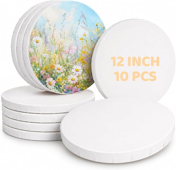 10 Pack Stretched Canvas for Painting, 12 Inch Round Canvas Panel, Circle White Art Canvas Panels, Cotton Primed Paint Blank Canvas for Oil, Acrylic, Gouache, Crafts