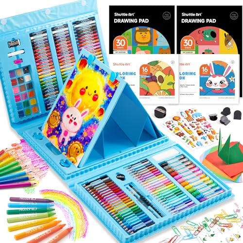Shuttle Art 335 Piece Kids Art Set, Multi-Media Art Supplies, Gift Art Kit with Trifold Easel, 2 Drawing Pads, 2 Coloring Books, Oil Pastels, Crayons, Watercolors, Markers, Colored Pencils (Blue)