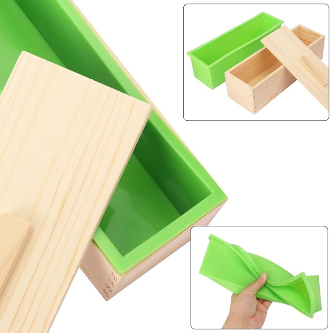 Artisan Soap Making Loaf Box - 4 Pack 42oz Premium Silicone Molds With Wooden Lid - Green, Flexible, Heat Resistant for Large Homemade Soaps