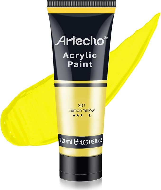 Artecho Yellow Acrylic Paint, Lemon Yellow Paint (120ml / 4.05oz) Tubes, Art Craft Paints for Canvas, Rock, Stone, Wood, Fabric, Art Supplies | Semi Glossy Finish, High Pigment Rich Color Craft Paint for Canvas, Rocks, Wood, Fabric, Ceramic, Non-Toxic
