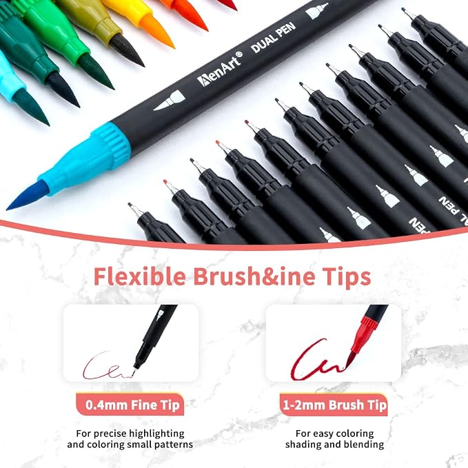 Dual Brush Markers for Adult Coloring Books, 24 Colored Fine Point Marker | Colored Double-Tip Pens for Note taking Planner Hand Lettering Calligraphy Drawing Journaling