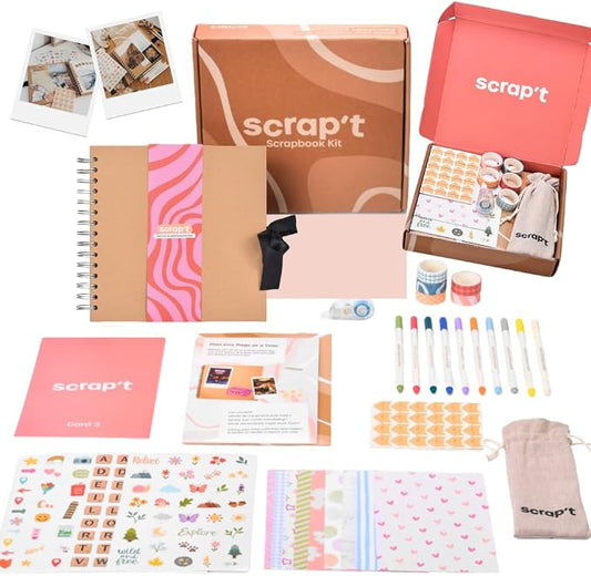 Scrapbook Kit - 80 Page Photo Album DIY Scrapbook - Holds 300+ Photos, with Metallic Pens, 150+ Stickers, Glue Pen, Washi Tapes, Backing Paper, Photo Corner Stickers (Starter Kit - 8 x 8 Inch, Kraft)