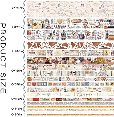 Vintage Washi Tape 18 Rolls & 15 Map Stickers Set,75/50/30/25/20/15/10/5mm Newspaper,Stamps,Old Letters,Holiday,Posters,Travels Adhesive Tape for Journaling,Scrapbook Supplies, Arts&Crafts(World)