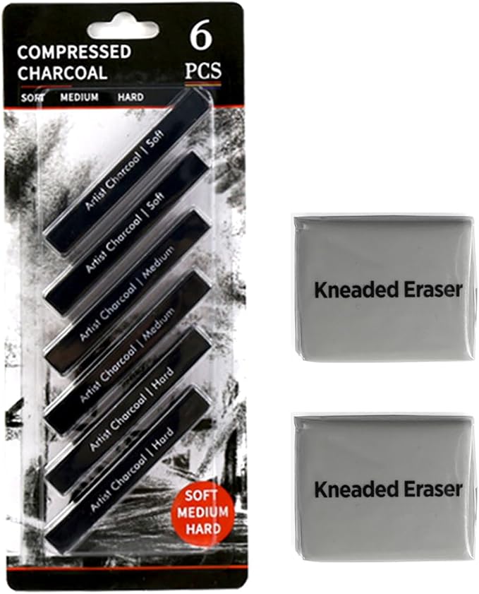 Compressed Charcoal Sticks 6 PCS, Kneaded Rubber Erasers Large Size 2 Pack, Square Vine Charcoal Rod Set of 8 for Back to School DIY Drawing Crafts, Sketching, Shading, Beginners and Artists