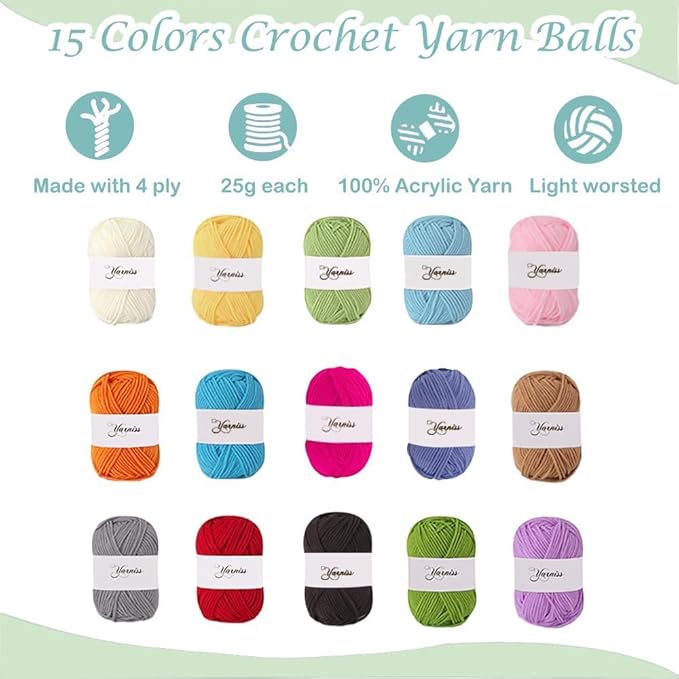 Yarniss Crochet Kits for Beginners,Complete Crochet Kit with Bag,Mint | 1050 Yards Crochet Yarn & 12 Size Ergonomic Crochet Hooks,Learn to Crochet with Step by Step Video Tutorial