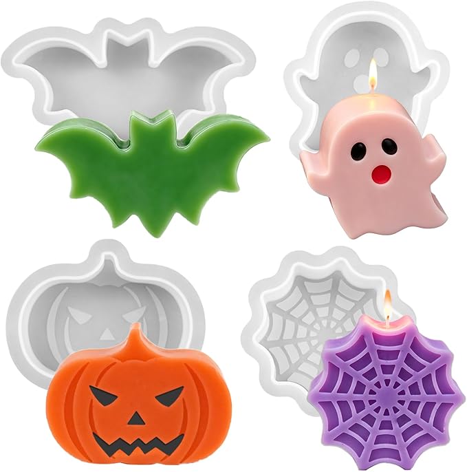 Halloween Candle Molds, Set of 4 Pumpkin Ghosts Bat Soap Molds | Halloween Silicone Molds for Candles Making, Wax, Soap, Clay, Plaster, Epoxy Resin Home Party Decorations DIY Gift