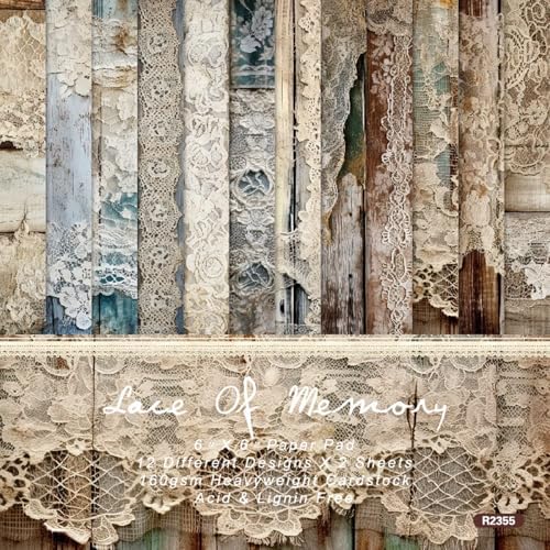 Vintage Lace Scrapbook Paper Pad, 6 x 6 Inch Rustic Wood Grain 160gsm Cardstock, 24 Sheets Shabby Chic Craft Paper for Bridal Album, Wedding Invitation DIY