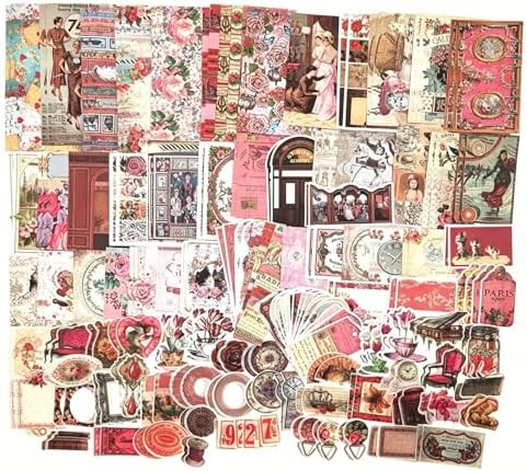 200PCS Vintage Scrapbooking Supplies Pack, Aesthetic Scrapbook Sticker Paper Art Journaling Kit for Junk Journals,Planner,Cottagecore Decor Gifts (Pink Retro Collection)