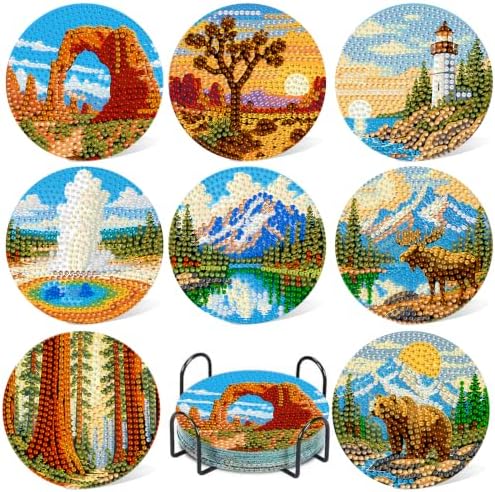 CRZMODE 8 Pcs National Park Diamond Art Coasters Kits, Diamond Painting Coasters with Holder Set of 8, DIY National Park Art Crafts Supplies for Adults Cup Mat House Warming Gifts Non-Slip