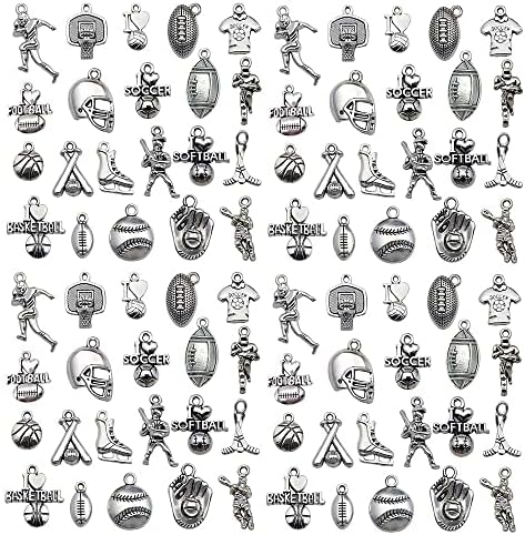 100pcs Antique Silver Sport Charms for Jewelry Making Alloy Football Baseball Softball Soccer Charms for DIY Crafts (SN272)