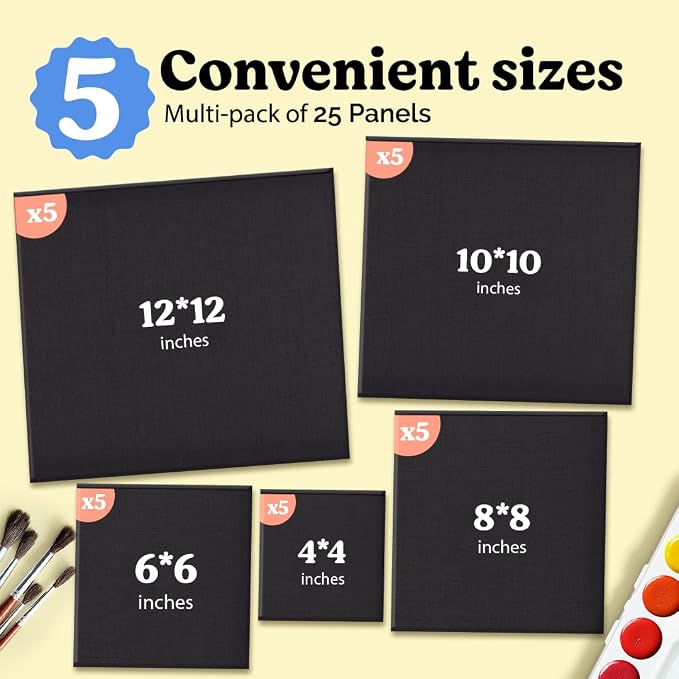 Chalkola 25 Square Black Canvas for Painting - Primed Cotton Art Boards | Panels (25 Pack) 4x4, 6x6, 8x8, 10x10, 12x12 inch (5 Each) - Painting Canvases 100% Cotton, Acid Free for Adults & Artists