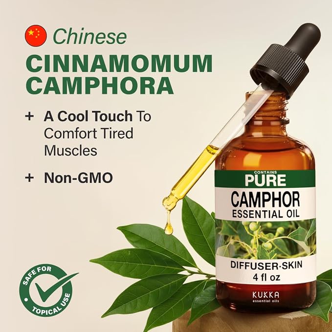 Kukka 100% Pure Camphor Essential Oil for Skin, Diffuser, 4 Fl Oz | Camphor Oil for Diffuser Blends, Muscle Massage & Home Freshening in an Undiluted Dropper Bottle