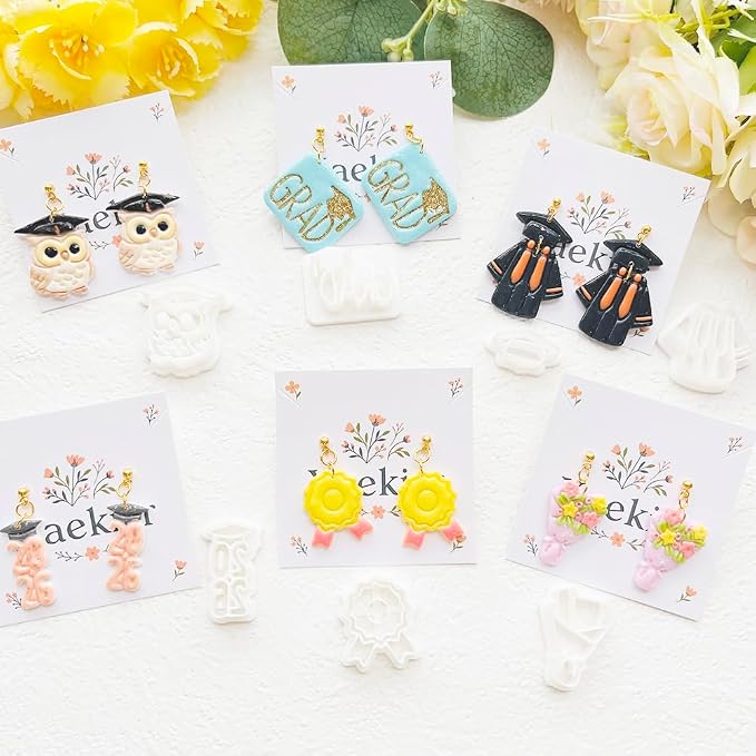 Graduation Polymer Clay Cutters & Stamp Set - 11pcs Sharp & Durable 2026, Owl, Cap, Gown, Diploma, Cake & Star Shapes for DIY Earring Jewelry Making, Soft Clay Crafts & Class Party Supplies