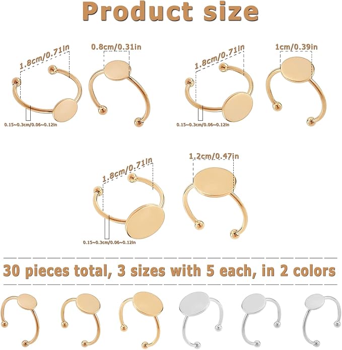 30 Pcs Blank Rings Stainless Steel Adjustable Pad Ring Base, Flat Blank Ring Base Tray for Jewelry Making DIY Crafts (Gold and Silver)
