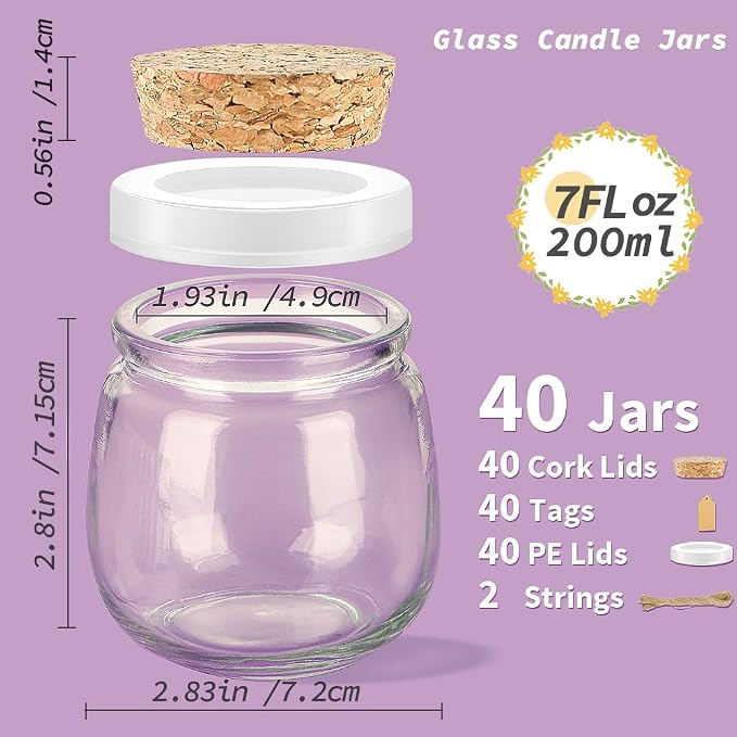 Syntic 40 Pack 7oz Small Glass Jars with Cork Lids,Mason Jars | PE Lids,Twine & Labels for Candle Making,Yogurt,Wedding Favors,Spice Storage,Dessert Cups,Party Decorations & DIY Crafts