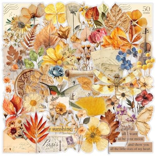 50PCS Transparent Flora Scrapbook Stickers, Flower-G | Vintage Aesthetic Flowers, Vinyl Waterproof, For Scrapbooks Travel Journal, For Water Bottles Laptop Phone