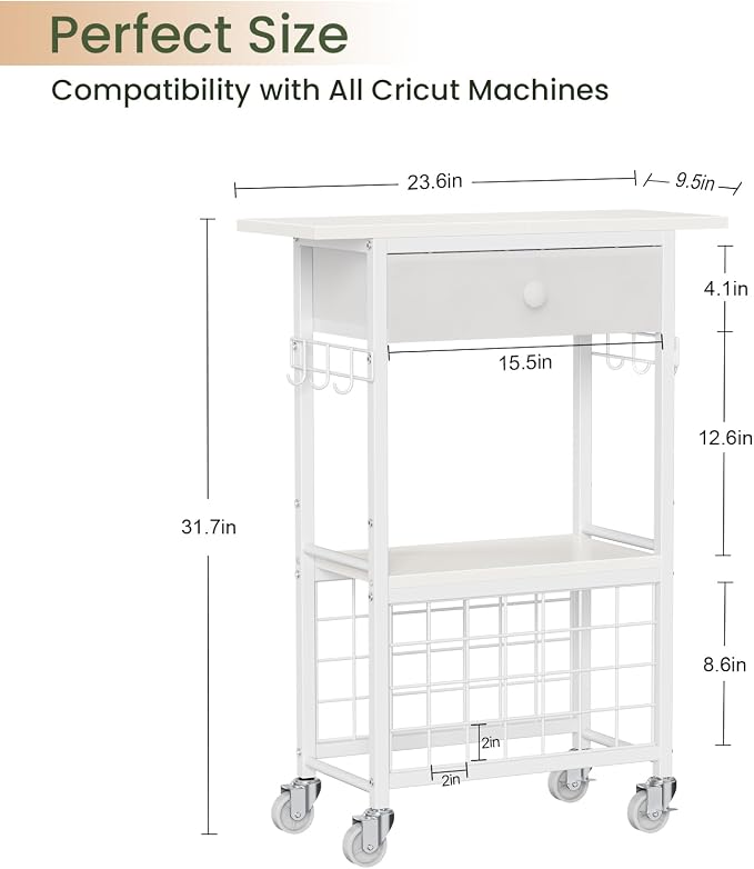 Snughome Craft Cart Compatible with Cricut Maker, Craft Organizers and Storage Table for Cricut Cart with Wheels, Drawer and 28 Vinyl Roll Holders, White, 23.6"(L) x 9.5"(D) x 31.7"(H)