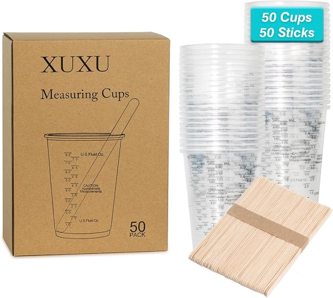 XUXU 50pcs 8oz Graduated Clear Plastic | Measuring Cups with Wooden Stirring Sticks for Mixing Paint Pigments Epoxy Resins Resins