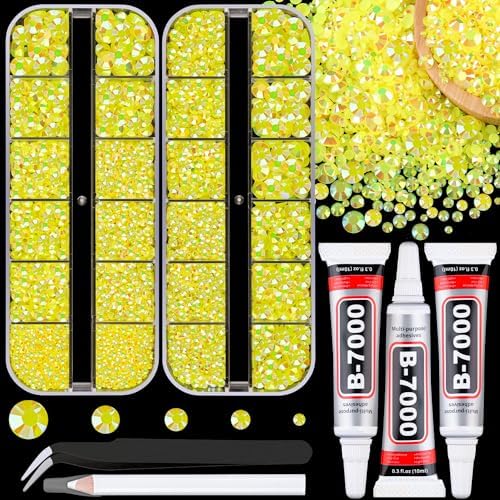 Resin Jelly Rhinestones for Crafting with B7000 Jewelry Glue, 2 Boxes Lemon Yellow AB Flatback Crystals with 3Pcs 10ml Glue, Bedazzling Non Hotfix Gems for DIY Tumblers Clothing Shoes Manicure