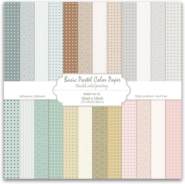 Basic Pastel Scrapbook Paper 24 Sheets Boho Pattern Paper Double Sided Printing for DIY Card Making Scrapbook Wedding Photo Album Home Décor-12 x 12 Inches