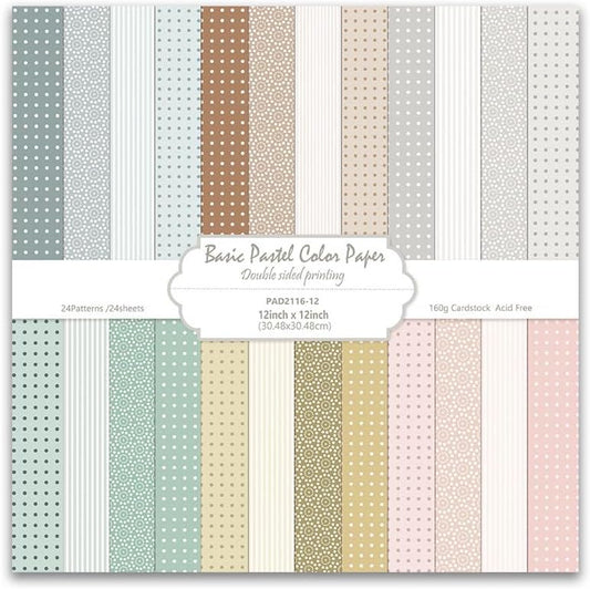 Basic Pastel Scrapbook Paper 24 Sheets Boho Pattern Paper Double Sided Printing for DIY Card Making Scrapbook Wedding Photo Album Home Décor-12 x 12 Inches