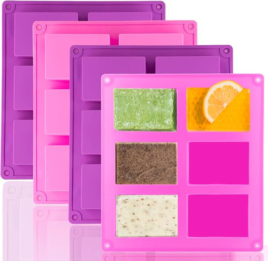 Lerykin 4 Pack Silicone Soap Molds, 6 Cavities Rectangle Silicone Soap Mold, Great for Homemade Craft Soap Bar Mold, DIY Chocolate Molds, Cake Molds & Ice Cube Trays - Just Pop Out (Purple & Pink)