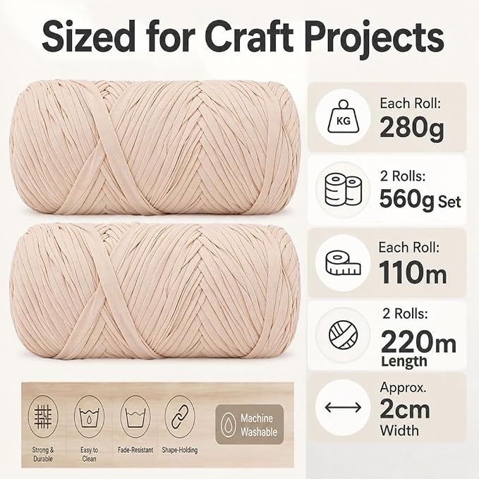 560g/240yds T Shirt Yarn for Crocheting, Soft Elastic Fabic Tshirt Yarn for Crochet, 2 Pack Polyester Yarn for Bags/Baskets/Coaster/Rugs/DIY Crafts for Knitting