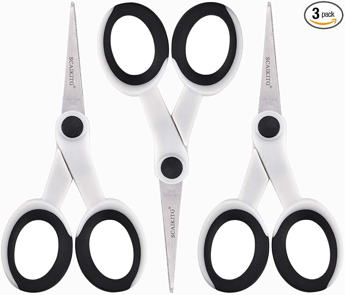SCAIKTIG 5" Detail Scissors with Slanted-tip, Small Embroidery Scissors All Purpose For Sewing, Fabric, Paper Craft Cutting, White, 3-Pack