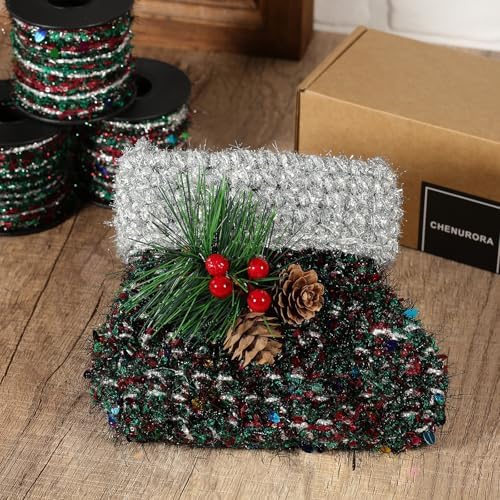 Artisanal Yarn Collection Multifiber Fancy Yarn with Colorful Sequins for Knitting Crocheting Crafts DIY, Set of 3 Rolls (Christmas Green)