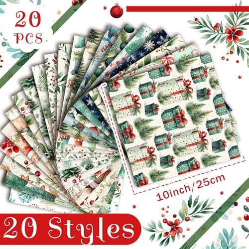 HunnmingRe 20 Pcs 10''x10'' Christmas Woodland Quilting Fabric Square Santa Snowflake Precut Quilted Fabric Bundle Candy Cane Snowman Reindeer Printed Sewing Material for Winter Patchwork DIY Craft