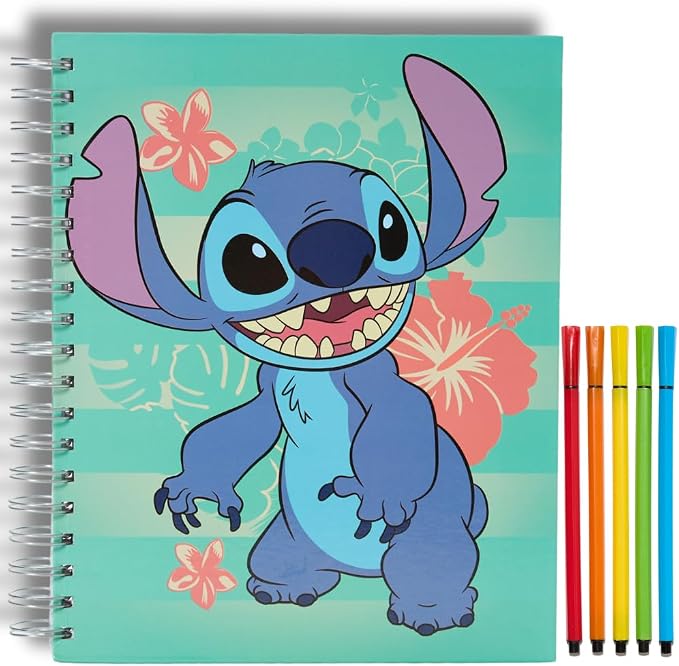 Disney Stitch Sketchbook for Kids with Washable Markers, 86 Blank Pages Spiral Bound, Turquoise