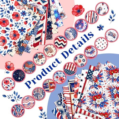 HunnmingRe 20 Pcs 10''x10'' Patriotic Red White Blue Quilting Fabric Square