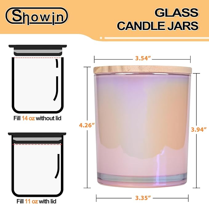 SHOWIN Thick Candle Jars for Making Candles 12 Pcs, 14 OZ Empty Jars with Wood Lids for Candle Making, Sample Container, Glitter Pink