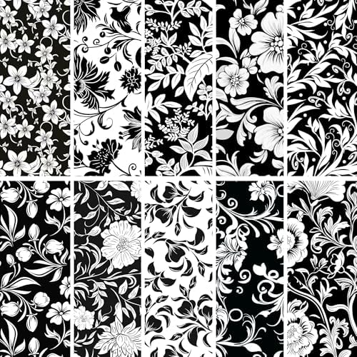 8"x 8" 50pcs Cotton Fabric Squares for Sewing Quilting Supplies-B&W Floral