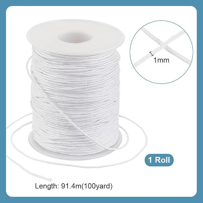 PH PandaHall 100 Yards 1mm Waxed Cotton Cord, White Waxed String Wax Thread Beading Cord Bracelet Rope Jewelry Cords for Necklace Making Crafting Beading Wrapping Braiding Macrame