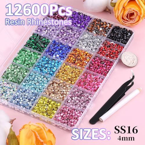 12600Pcs Resin Rhinestones for Bedazzling with Tweezers, Multicolor 4mm Rhinestones for Crafting with 3Pcs 10ml B7000 Jewelry Glue for DIY Crafts Clothing Tumblers Shoes Fabric Nail Art