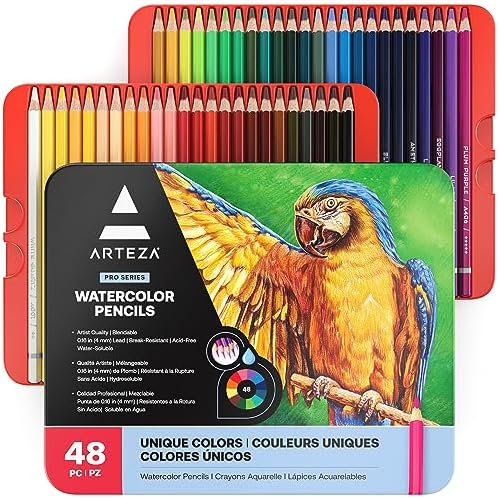 ARTEZA Watercolor Pencils, Set of 48, Water-Soluble Pencils for Drawing