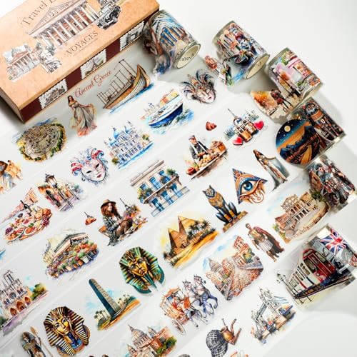 6-Roll Pre-Cut Travel Diary Wide PET Washi Tape Set - Transparent Scrapbooking Supplies, Journaling, and Crafting - Decorative Stickers, Planner Arts, and Collage