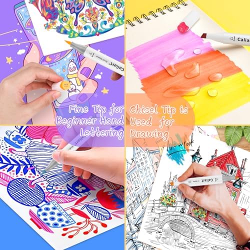 Caliart Alcohol Markers 24 Colors Coloring Markers Fine & Chisel Dual Tip | Non-Toxic Permanent Pens for Adults Coloring Book Beginners Sketch Illustration Painting Drawing School Supplies Art Gifts